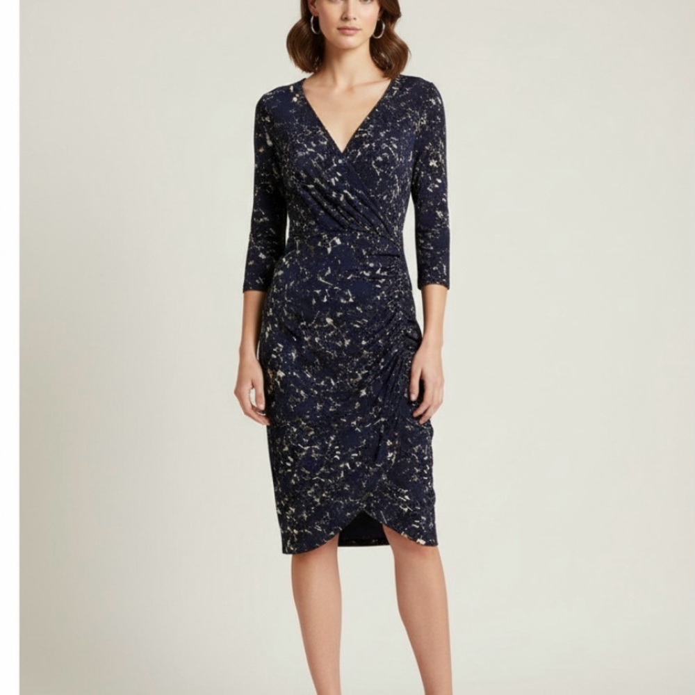 Ralph Lauren‎ Navy Blue Brushstroke Faux Wrap Short Sleeve Dress Size 8